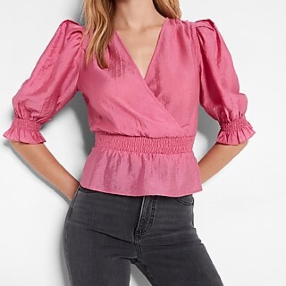 Express | PUFF SLEEVE FAUX WRAP FRONT PEPLUM TOP